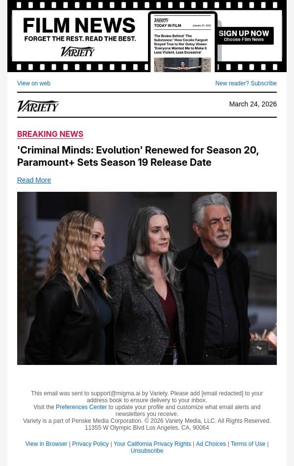 'Criminal Minds: Evolution' Renewed for Season 20, Paramount+ Sets Season 19 Release Date email from Variety screenshot
