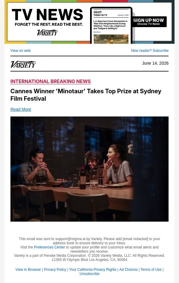 Cannes Winner 'Minotaur' Takes Top Prize at Sydney Film Festival email from Variety screenshot