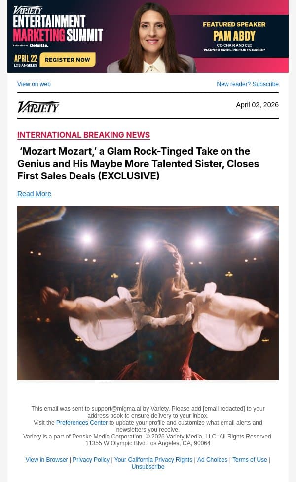 ‘Mozart Mozart,’ a Glam Rock-Tinged Take on the Genius and His Maybe More Talented Sister, Closes First Sales Deals (EXCLUSIVE) email from Variety screenshot