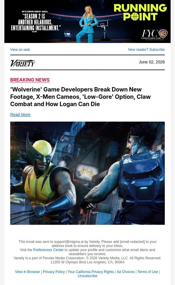 'Wolverine' Game Developers Break Down New Footage, X-Men Cameos, 'Low-Gore' Option, Claw Combat and How Logan Can Die email from Variety screenshot