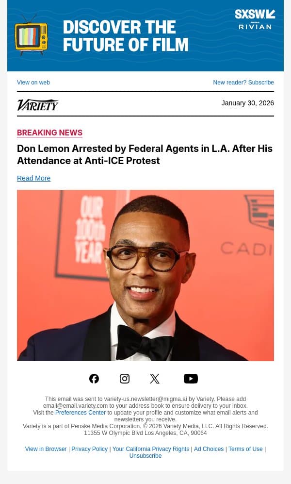 Don Lemon Arrested by Federal Agents in L.A. After His Attendance at Anti-ICE Protest email from Variety screenshot