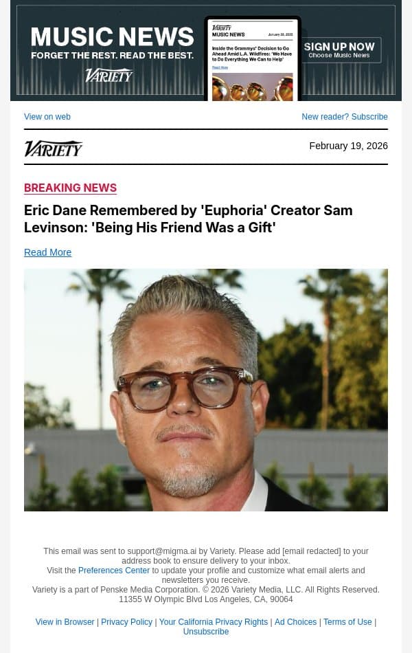 Eric Dane Remembered by 'Euphoria' Creator Sam Levinson: 'Being His Friend Was a Gift' email from Variety screenshot