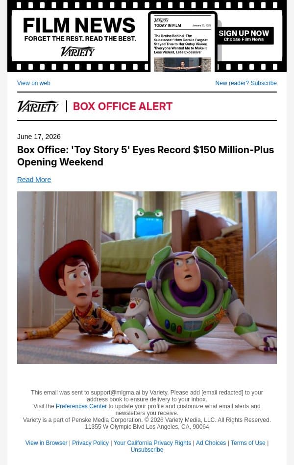 Box Office: 'Toy Story 5' Eyes Record $150 Million-Plus Opening Weekend email from Variety screenshot