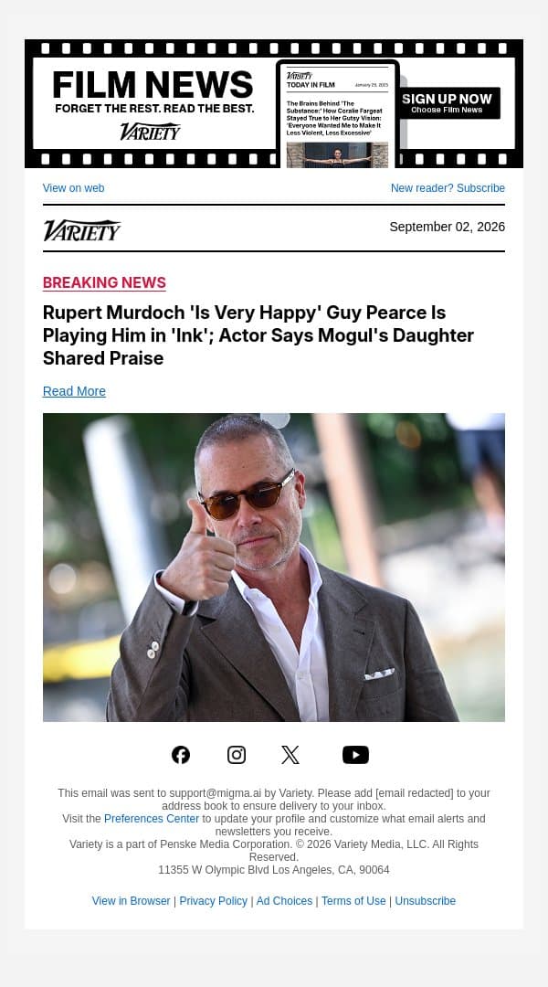 Rupert Murdoch 'Is Very Happy' Guy Pearce Is Playing Him in 'Ink'; Actor Says Mogul's Daughter Shared Praise email from Variety screenshot