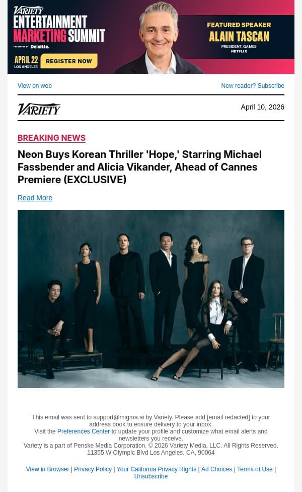 Neon Buys Korean Thriller 'Hope,' Starring Michael Fassbender and Alicia Vikander, Ahead of Cannes Premiere (EXCLUSIVE) email from Variety screenshot