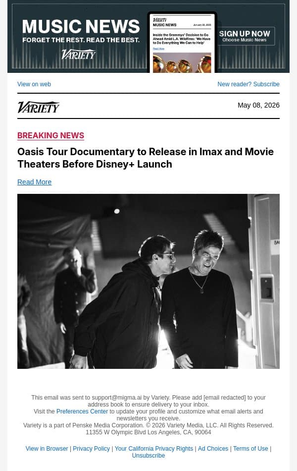 Oasis Tour Documentary to Release in Imax and Movie Theaters Before Disney+ Launch email from Variety screenshot