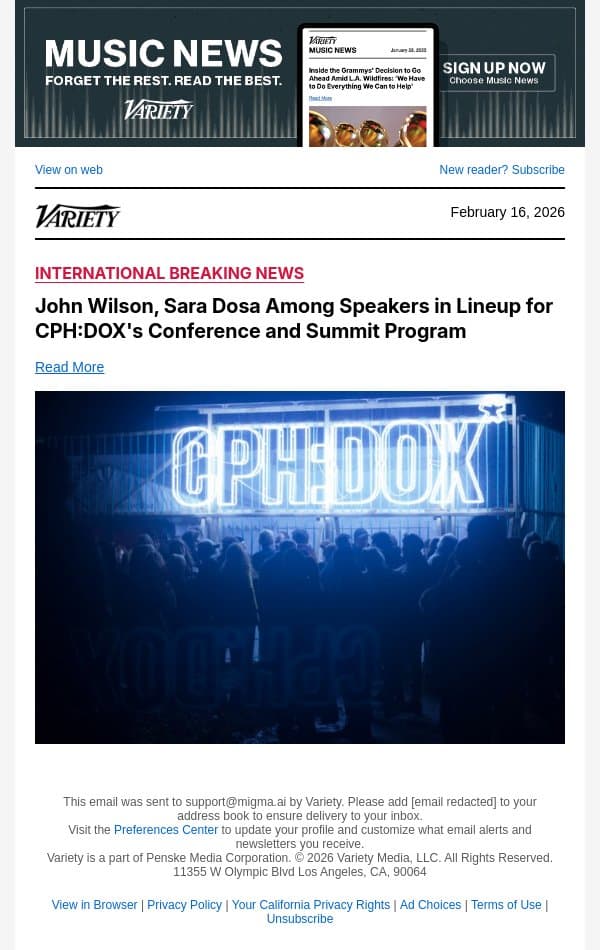 John Wilson, Sara Dosa Among Speakers in Lineup for CPH:DOX's Conference and Summit Program email from Variety screenshot