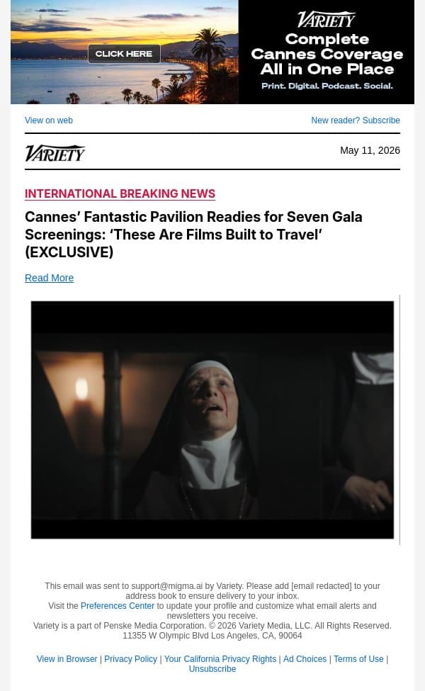 Cannes’ Fantastic Pavilion Readies for Seven Gala Screenings: ‘These Are Films Built to Travel’ (EXCLUSIVE) email from Variety screenshot