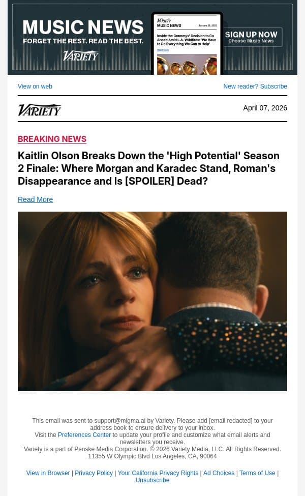 Kaitlin Olson Breaks Down the 'High Potential' Season 2 Finale: Where Morgan and Karadec Stand, Roman's Disappearance and Is [SPOILER] Dead? email from Variety screenshot