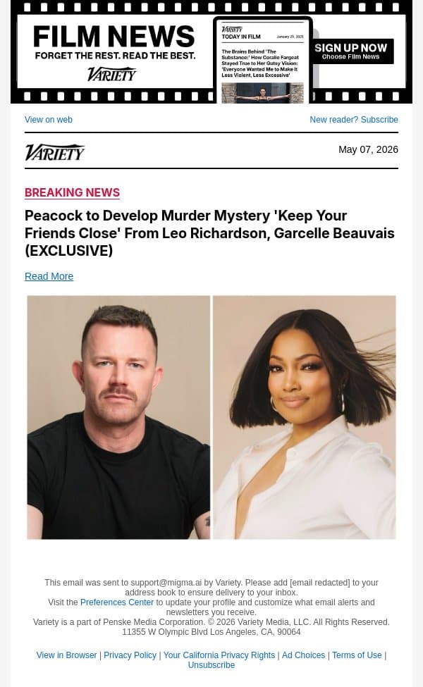 Peacock to Develop Murder Mystery 'Keep Your Friends Close' From Leo Richardson, Garcelle Beauvais (EXCLUSIVE) email from Variety screenshot