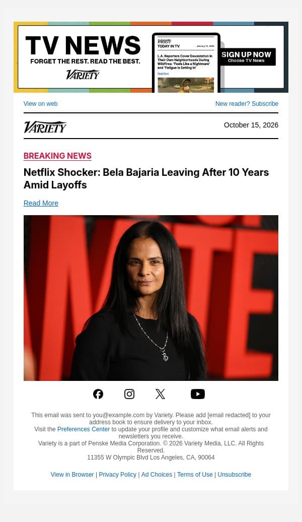 Netflix Shocker: Bela Bajaria Leaving After 10 Years Amid Layoffs email from Variety screenshot