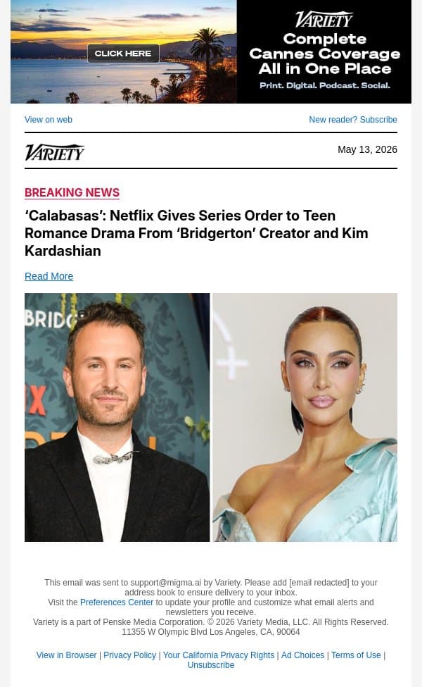 ‘Calabasas’: Netflix Gives Series Order to Teen Romance Drama From ‘Bridgerton’ Creator and Kim Kardashian email from Variety screenshot