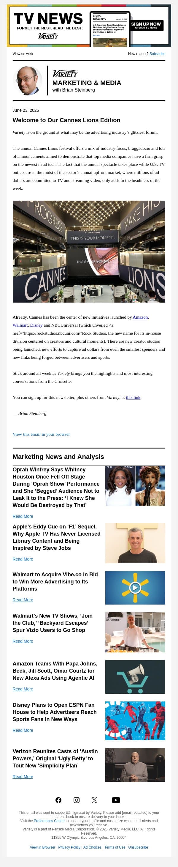 Media & Marketing Newsletter - Cannes Lions Edition: Walmart Launches Shopping Shows; Oprah, Eddy Cue Speak; Disney's New ESPN Sports Houses; and More email from Variety screenshot