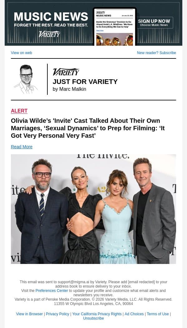Olivia Wilde’s 'Invite' Cast Talked About Their Own Marriages, ‘Sexual Dynamics’ to Prep for Filming: ‘It Got Very Personal Very Fast’ email from Variety screenshot