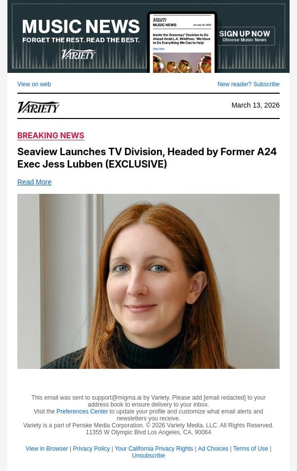Seaview Launches TV Division, Headed by Former A24 Exec Jess Lubben (EXCLUSIVE) email from Variety screenshot