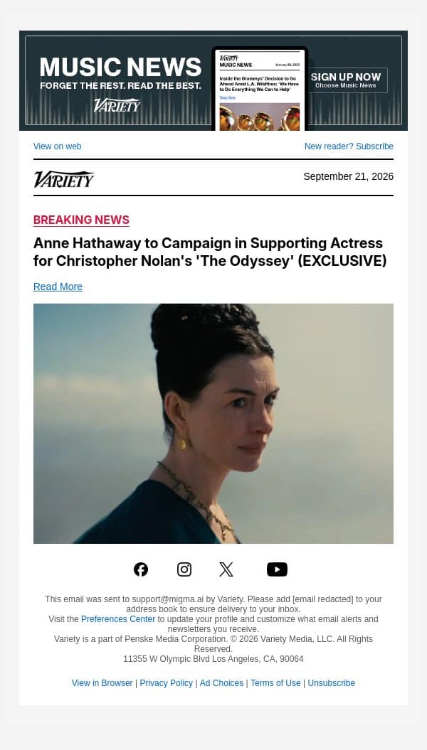 Anne Hathaway to Campaign in Supporting Actress for Christopher Nolan's 'The Odyssey' (EXCLUSIVE) email from Variety screenshot