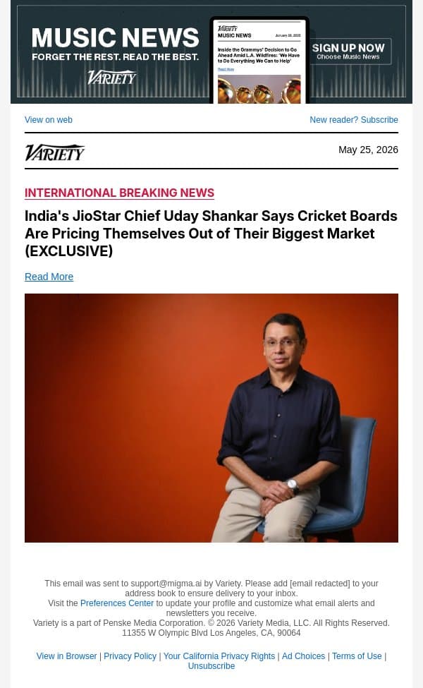 India's JioStar Chief Uday Shankar Says Cricket Boards Are Pricing Themselves Out of Their Biggest Market (EXCLUSIVE) email from Variety screenshot