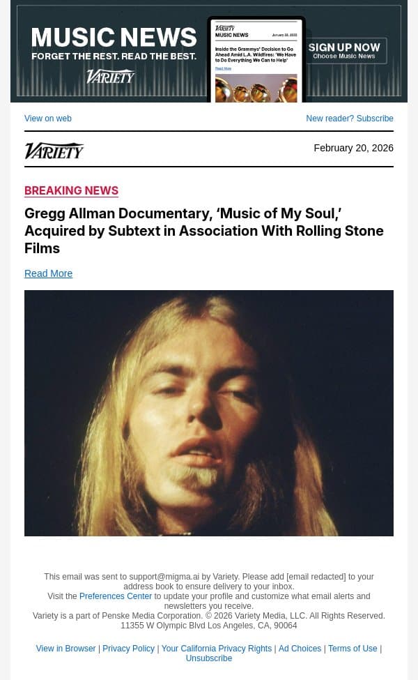 Gregg Allman Documentary, ‘Music of My Soul,’ Acquired by Subtext in Association With Rolling Stone Films email from Variety screenshot
