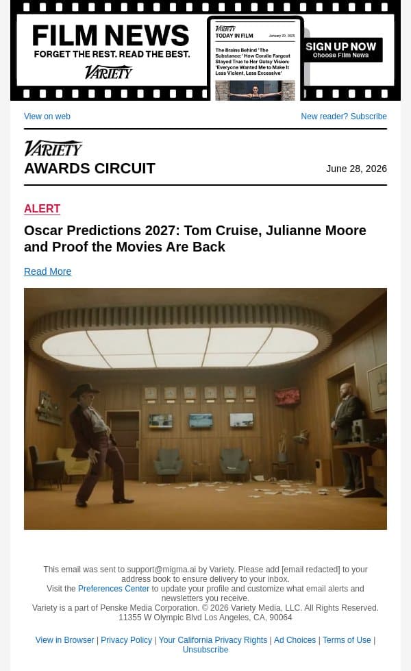 Oscar Predictions 2027: Tom Cruise, Julianne Moore and Proof the Movies Are Back email from Variety screenshot