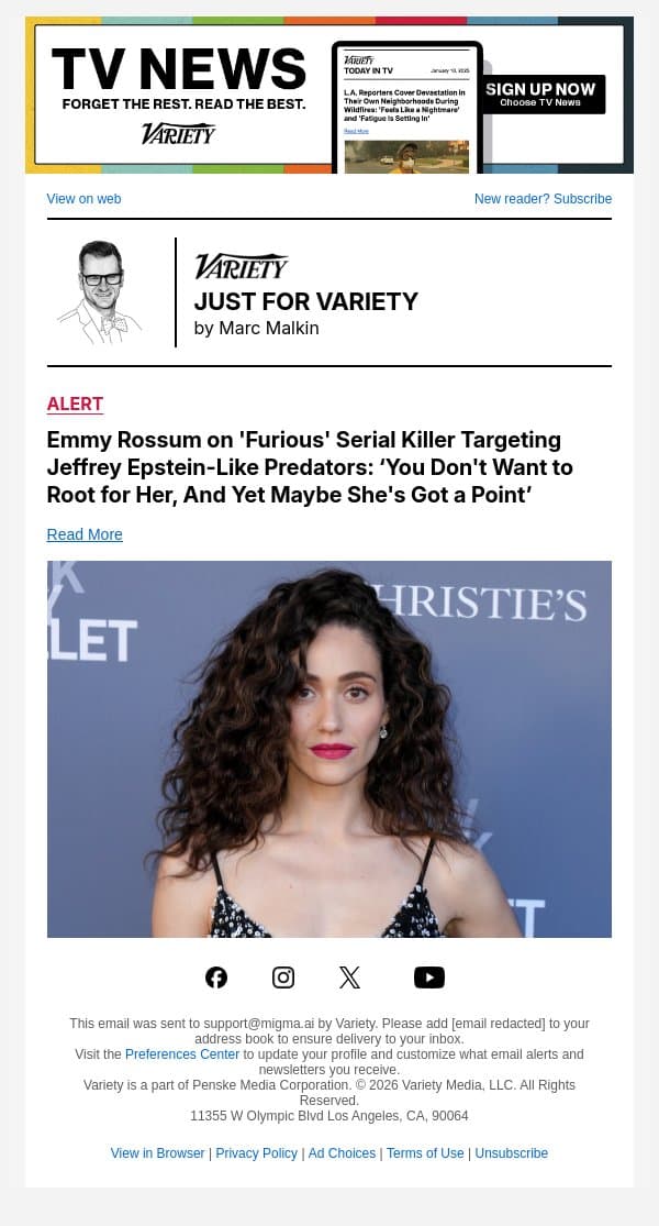 Emmy Rossum on 'Furious' Serial Killer Targeting Jeffrey Epstein-Like Predators: ‘You Don't Want to Root for Her, And Yet Maybe She's Got a Point’ email from Variety screenshot