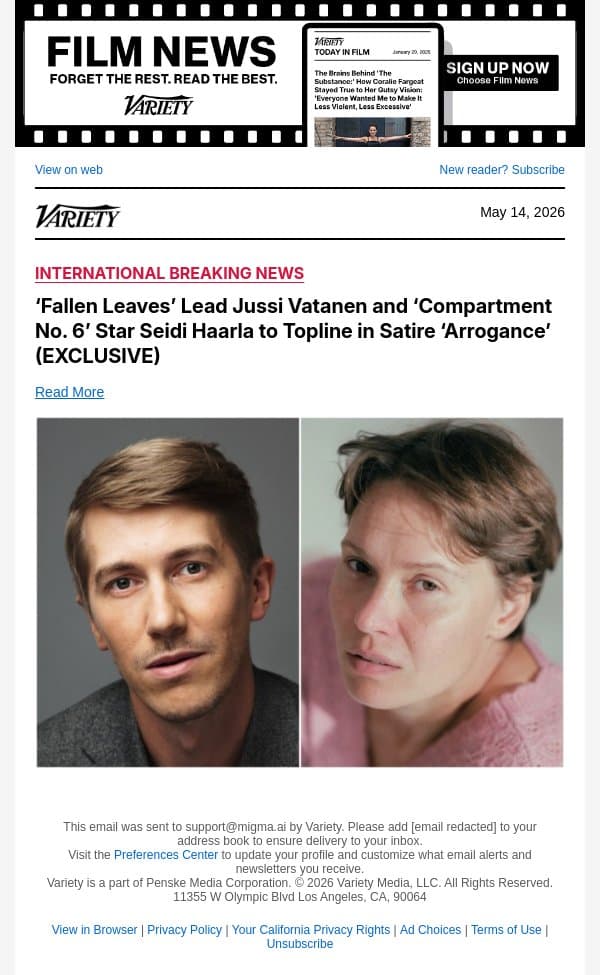 ‘Fallen Leaves’ Lead Jussi Vatanen and ‘Compartment No. 6’ Star Seidi Haarla to Topline in Satire ‘Arrogance’ (EXCLUSIVE) email from Variety screenshot