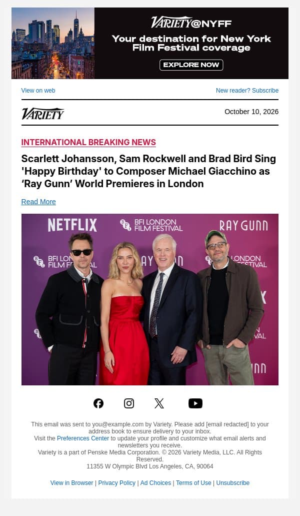 Scarlett Johansson, Sam Rockwell and Brad Bird Sing 'Happy Birthday' to Composer Michael Giacchino as ‘Ray Gunn’ World Premieres in London email from Variety screenshot