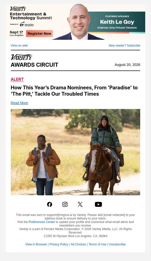 How This Year’s Drama Nominees, From 'Paradise' to ‘The Pitt,’ Tackle Our Troubled Times email from Variety screenshot