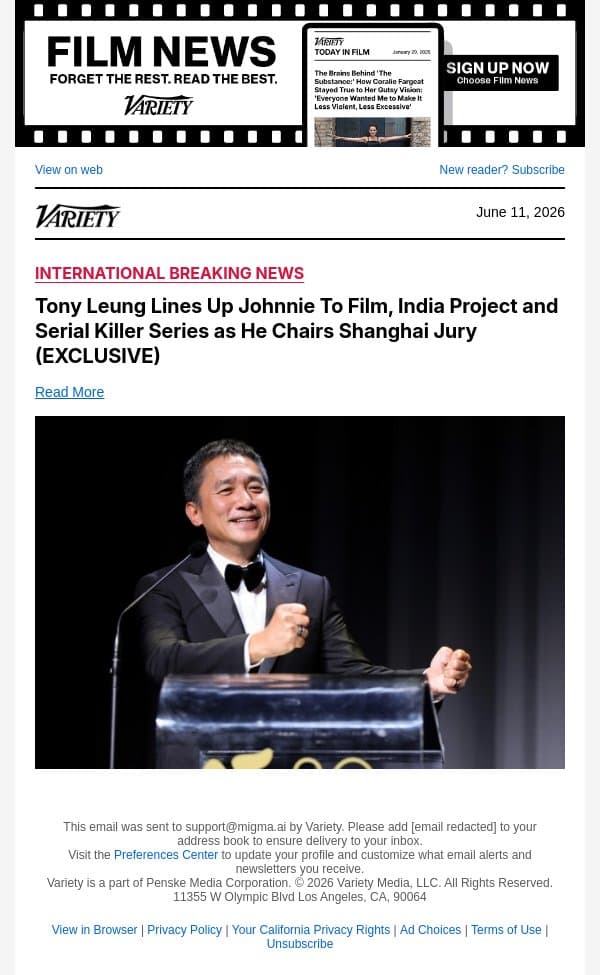 Tony Leung Lines Up Johnnie To Film, India Project and Serial Killer Series as He Chairs Shanghai Jury (EXCLUSIVE) email from Variety screenshot