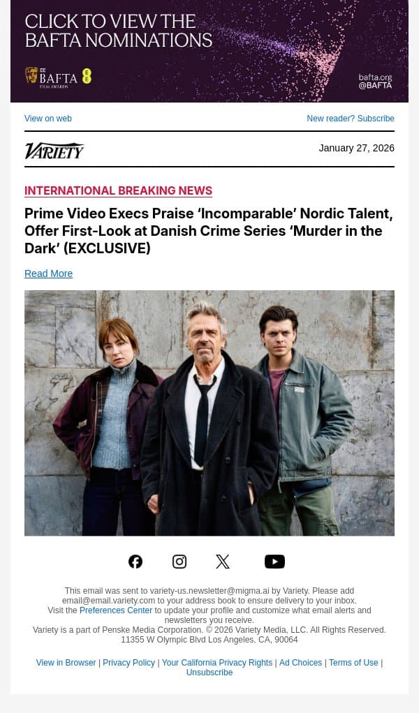 Prime Video Execs Praise ‘Incomparable’ Nordic Talent, Offer First-Look at Danish Crime Series ‘Murder in the Dark’ (EXCLUSIVE) email from Variety screenshot