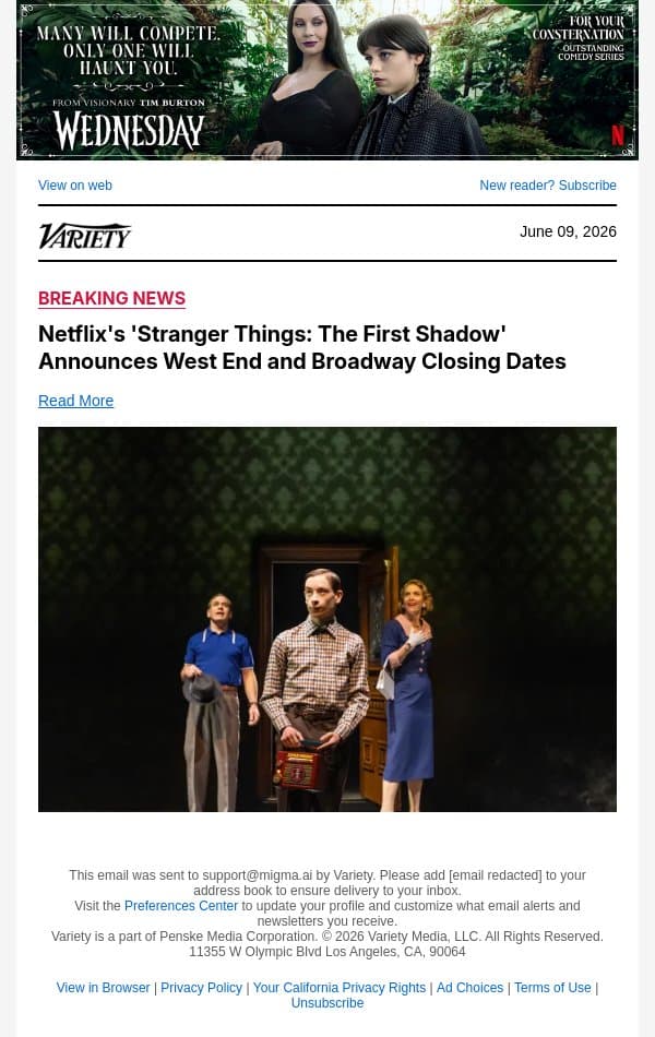 Netflix's 'Stranger Things: The First Shadow' Announces West End and Broadway Closing Dates email from Variety screenshot