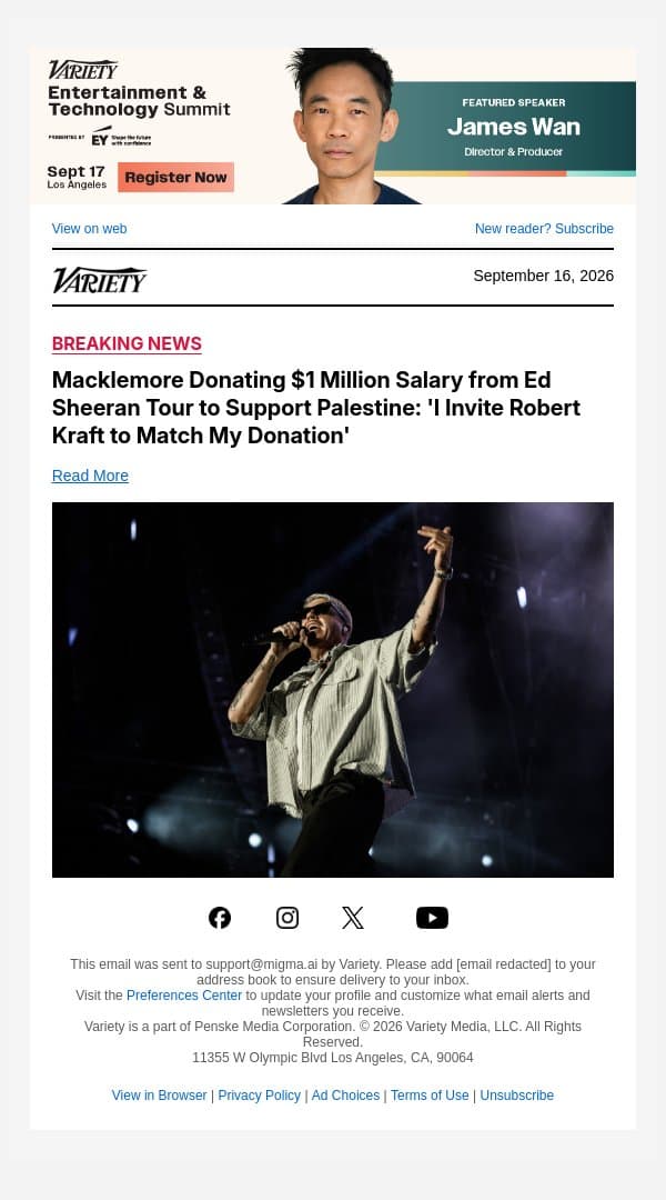 Macklemore Donating $1 Million Salary from Ed Sheeran Tour to Support Palestine: 'I Invite Robert Kraft to Match My Donation' email from Variety screenshot