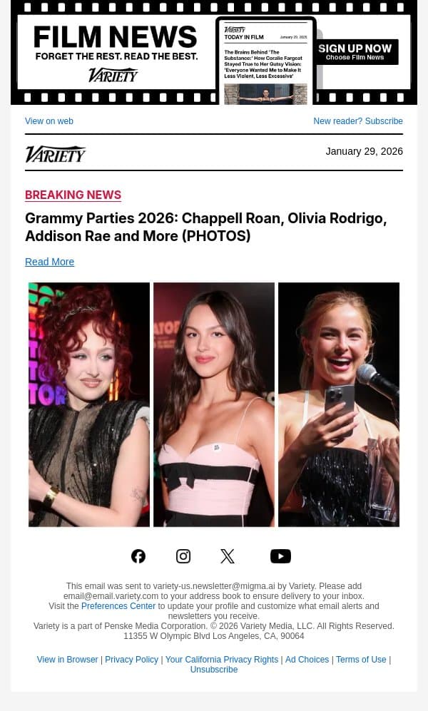 Grammy Parties 2026: Chappell Roan, Olivia Rodrigo, Addison Rae and More (PHOTOS) email from Variety screenshot