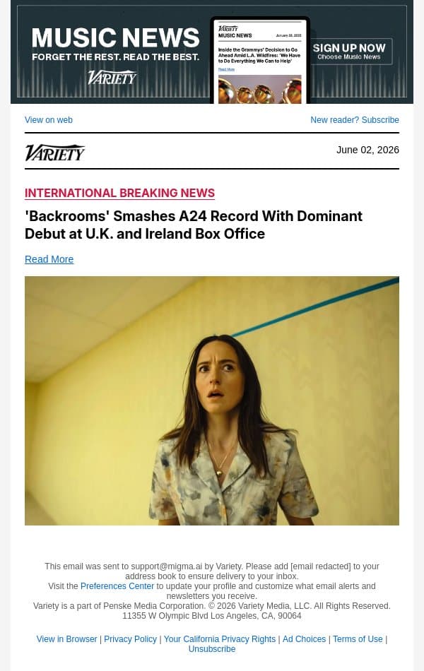 'Backrooms' Smashes A24 Record With Dominant Debut at U.K. and Ireland Box Office email from Variety screenshot