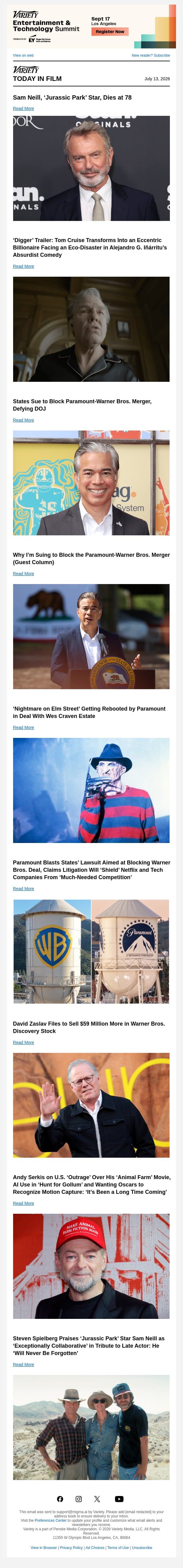 Sam Neill Dies; ‘Digger’ Trailer; States Sue to Block Paramount-WB. Merger email from Variety screenshot