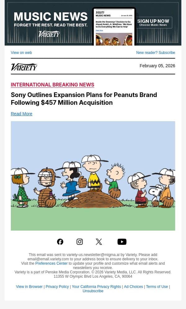 Sony Outlines Expansion Plans for Peanuts Brand Following $457 Million Acquisition email from Variety screenshot