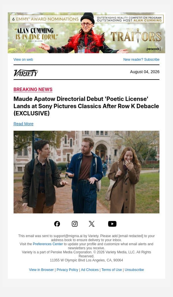 Maude Apatow Directorial Debut 'Poetic License' Lands at Sony Pictures Classics After Row K Debacle (EXCLUSIVE) email from Variety screenshot