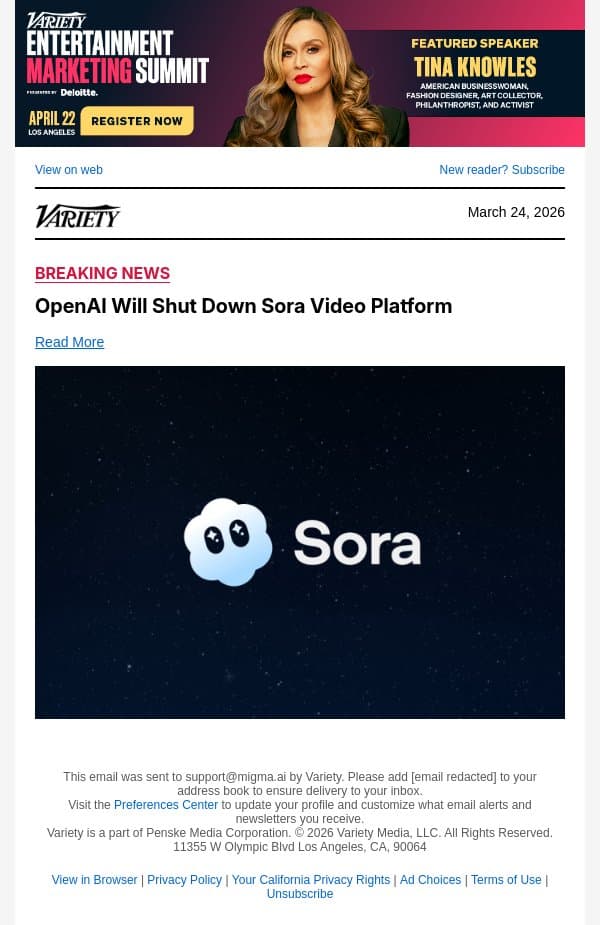 OpenAI Will Shut Down Sora Video Platform email from Variety screenshot