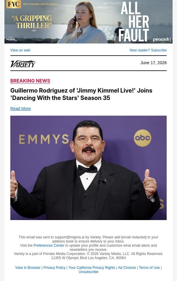 Guillermo Rodriguez of 'Jimmy Kimmel Live!' Joins 'Dancing With the Stars' Season 35 email from Variety screenshot