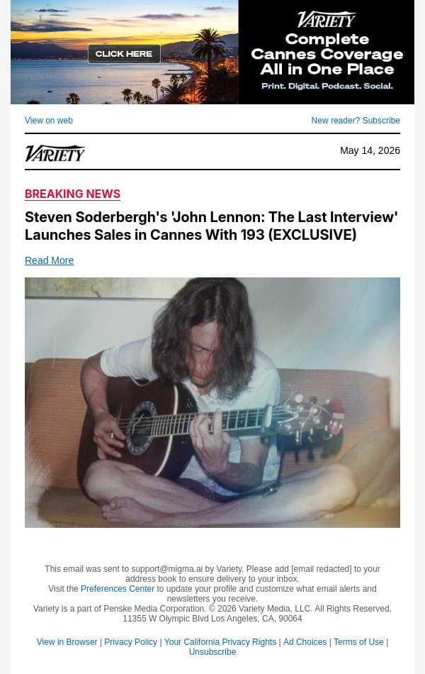 Steven Soderbergh's 'John Lennon: The Last Interview' Launches Sales in Cannes With 193 (EXCLUSIVE) email from Variety screenshot