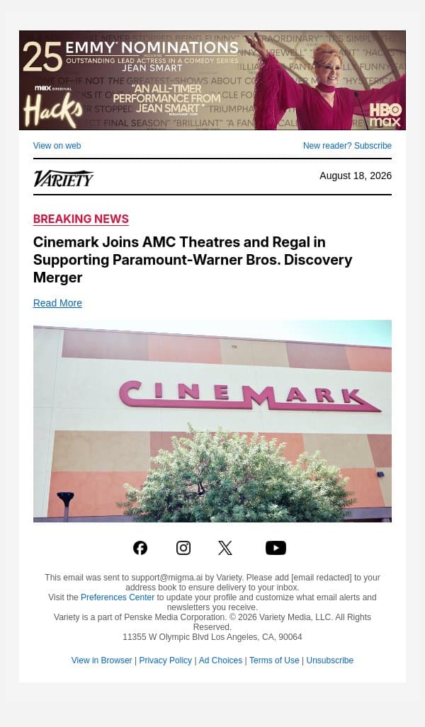 Cinemark Joins AMC Theatres and Regal in Supporting Paramount-Warner Bros. Discovery Merger email from Variety screenshot