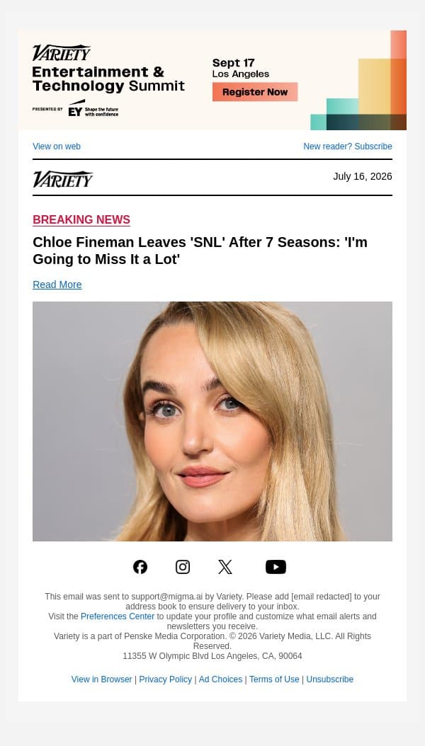 Chloe Fineman Leaves 'SNL' After 7 Seasons: 'I'm Going to Miss It a Lot' email from Variety screenshot