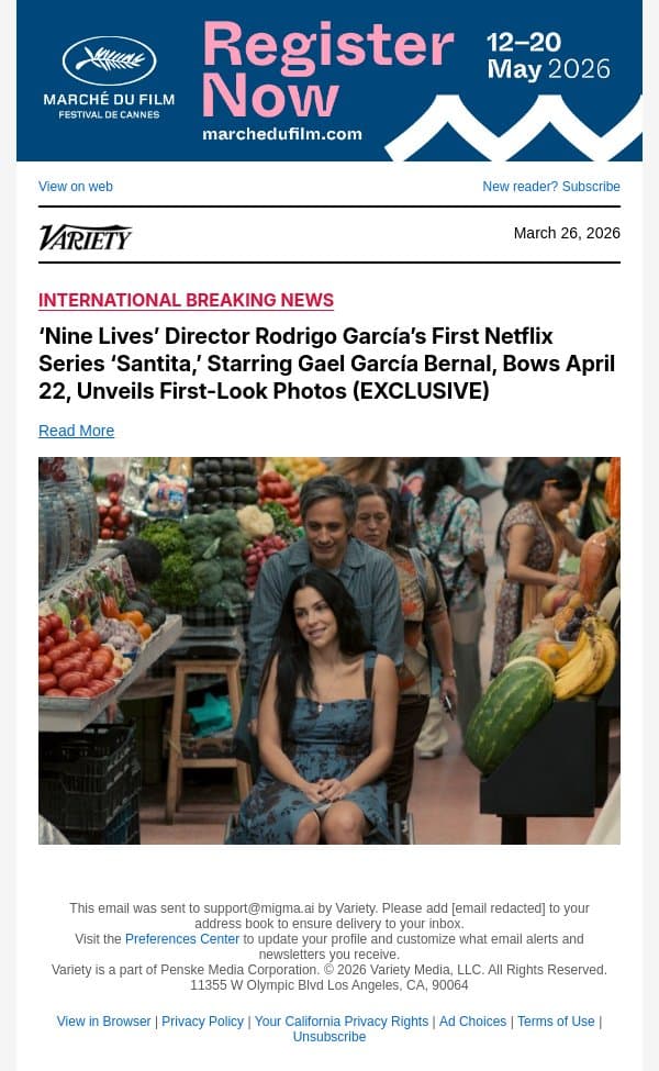 ‘Nine Lives’ Director Rodrigo García’s First Netflix Series ‘Santita,’ Starring Gael García Bernal, Bows April 22, Unveils First-Look Photos (EXCLUSIVE) email from Variety screenshot