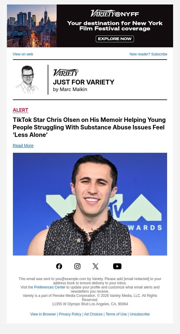TikTok Star Chris Olsen on His Memoir Helping Young People Struggling With Substance Abuse Issues Feel ‘Less Alone’ email from Variety screenshot