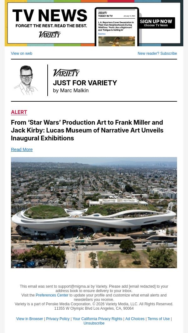 From ‘Star Wars’ Production Art to Frank Miller and Jack Kirby: Lucas Museum of Narrative Art Unveils Inaugural Exhibitions email from Variety screenshot