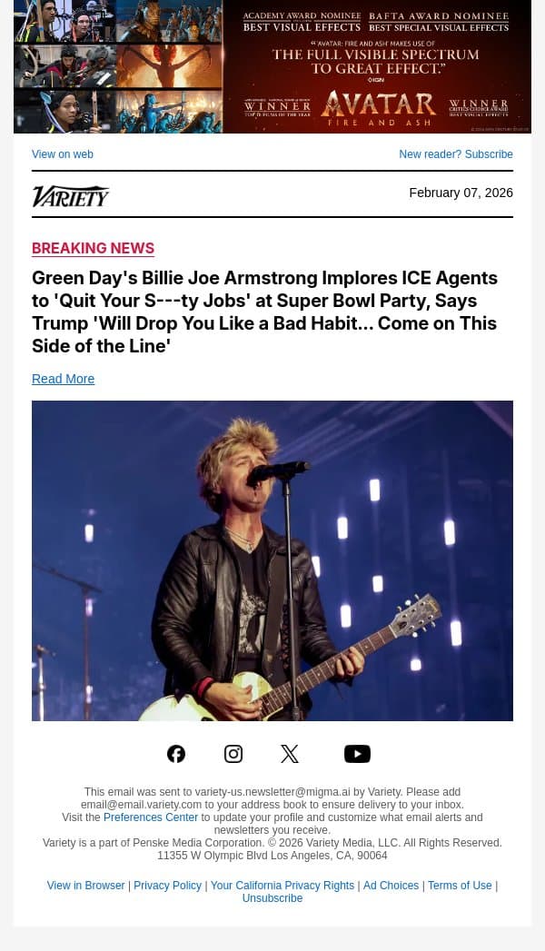 Green Day's Billie Joe Armstrong Implores ICE Agents to 'Quit Your S---ty Jobs' at Super Bowl Party, Says Trump 'Will Drop You Like a Bad Habit... Come on This Side of the Line' email from Variety screenshot