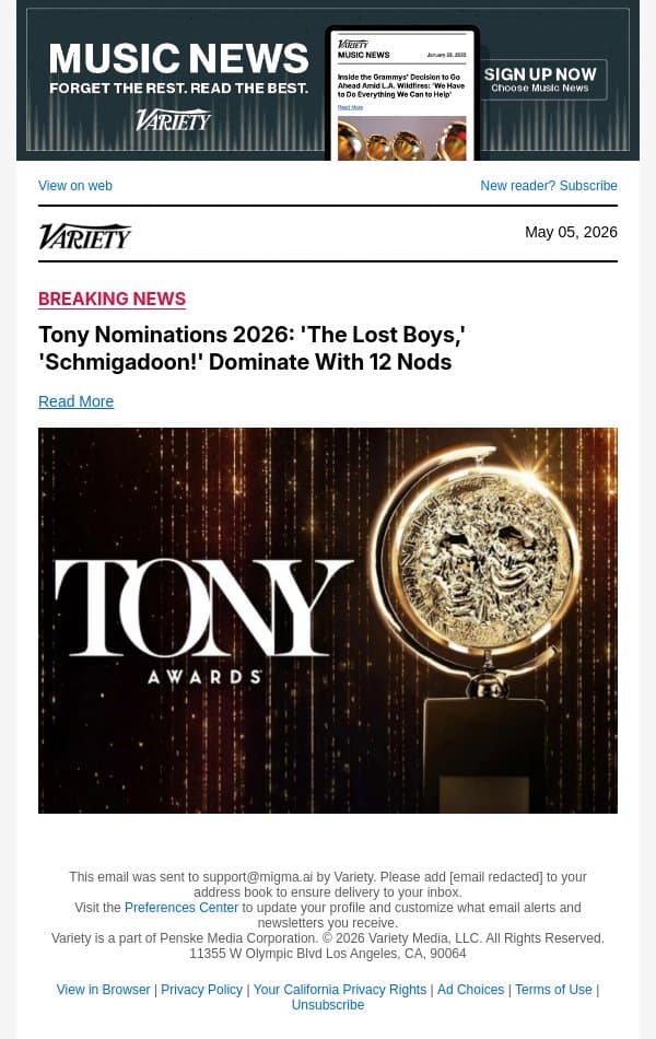 Tony Nominations 2026: 'The Lost Boys,' 'Schmigadoon!' Dominate With 12 Nods email from Variety screenshot