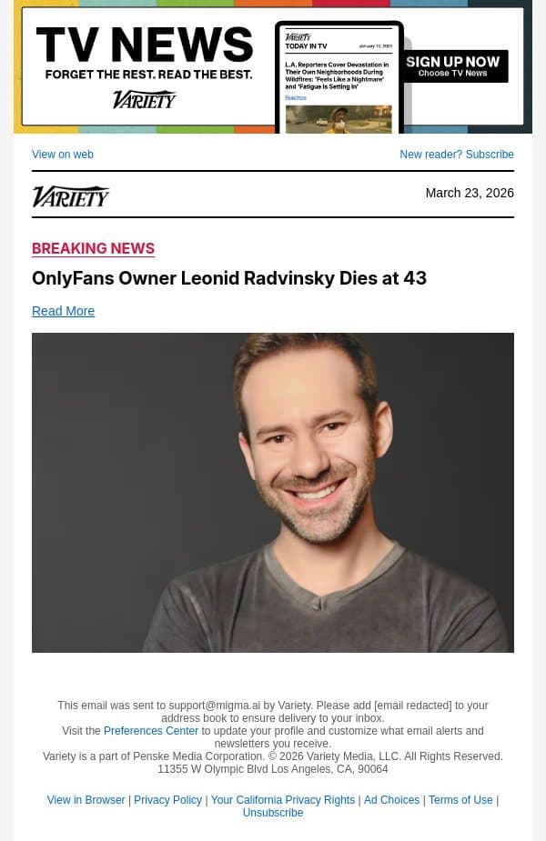 OnlyFans Owner Leonid Radvinsky Dies at 43 email from Variety screenshot
