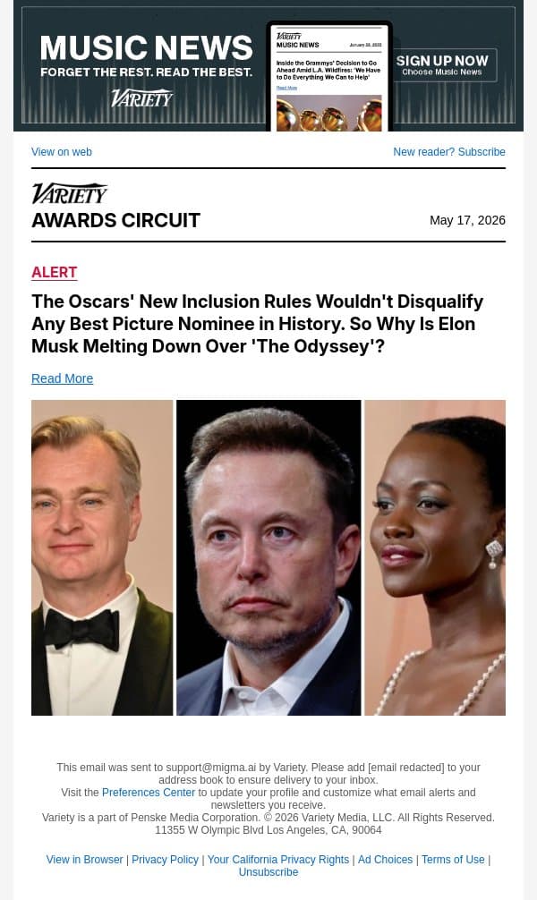 The Oscars' New Inclusion Rules Wouldn't Disqualify Any Best Picture Nominee in History. So Why Is Elon Musk Melting Down Over 'The Odyssey'? email from Variety screenshot