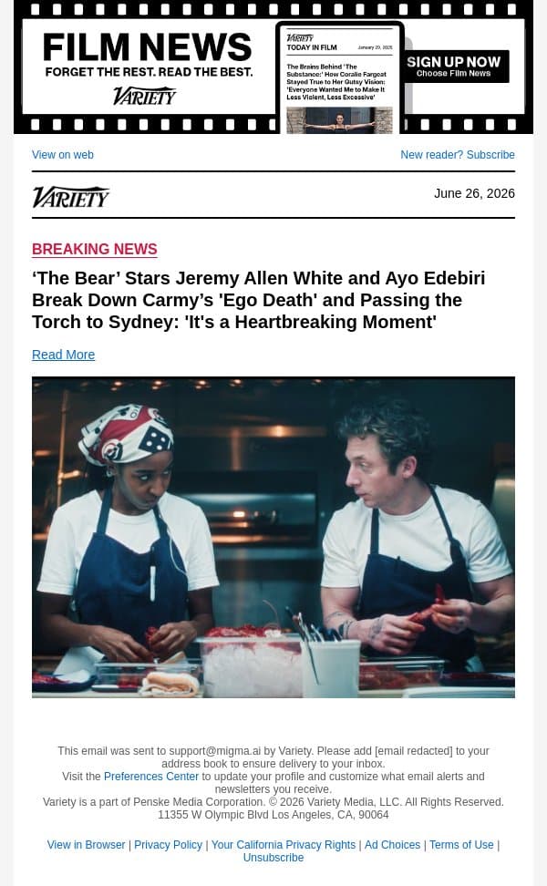 ‘The Bear’ Stars Jeremy Allen White and Ayo Edebiri Break Down Carmy’s 'Ego Death' and Passing the Torch to Sydney: 'It's a Heartbreaking Moment' email from Variety screenshot