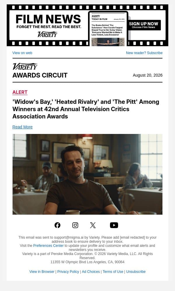 'Widow's Bay,' 'Heated Rivalry' and 'The Pitt' Among Winners at 42nd Annual Television Critics Association Awards email from Variety screenshot